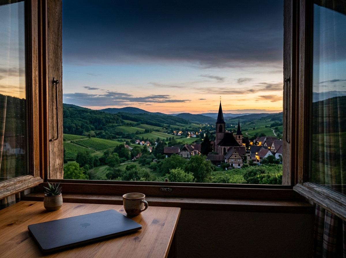 Vue depuis une fenêtre du Sundgau au crépuscule, sur un village avec son clocher, et un ordinateur portable fermé posé sur le bureau.